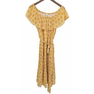 Michael Michael Kors Yellow Floral Midi Dress Sz XL Tie Waist Off Shoulder NEW
